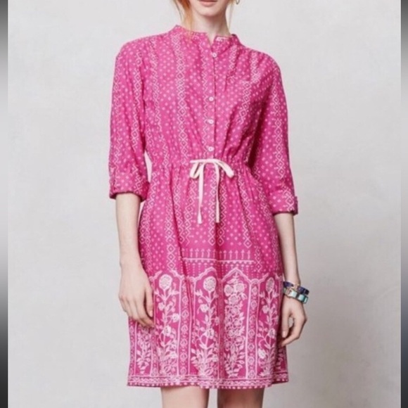 NWT Anthropologie Meadow Rue Pink Anila Shirtdress Drawstring Waist - Picture 1 of 7